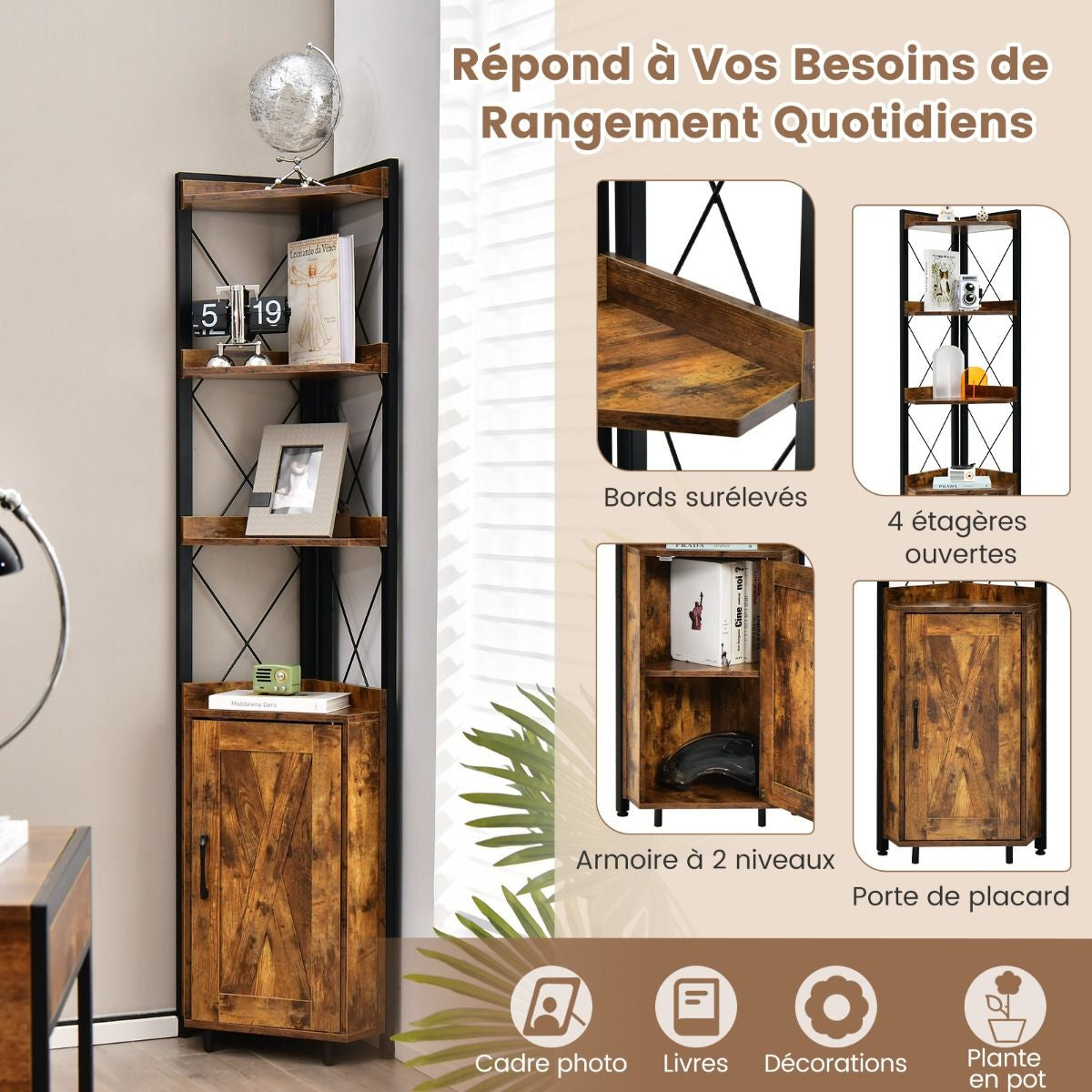 Bibliothèque/Étagère d’Angle avec Armoire et 4 Étagères Meuble d’Angle avec Dispositif Anti-basculement et Pieds Réglables