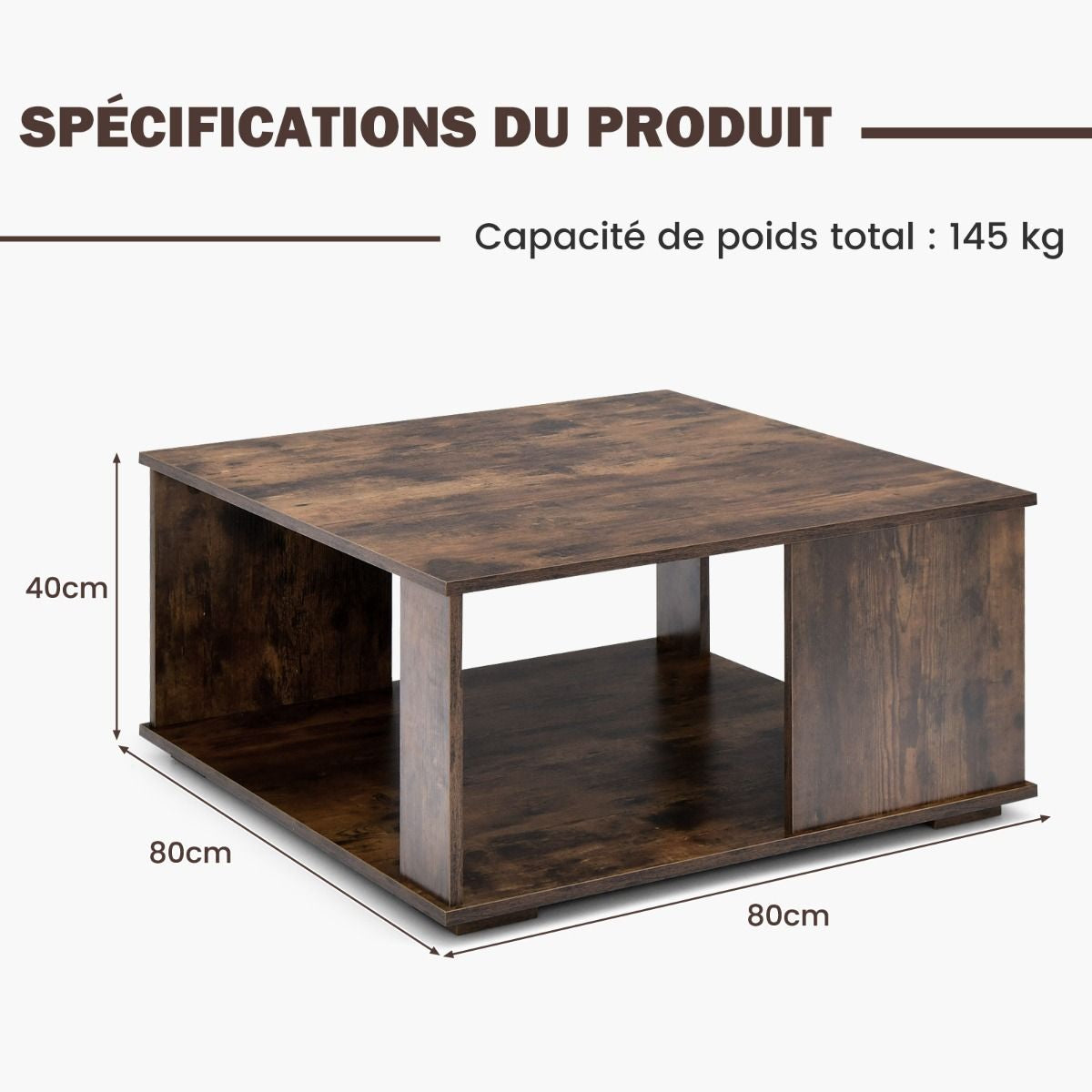 Table Basse Industrielle à 2 Niveaux 80x80x40CM Table de Salon avec Patins Antidérapants, Table d’Appoint pour Chambre et Bureau  Café