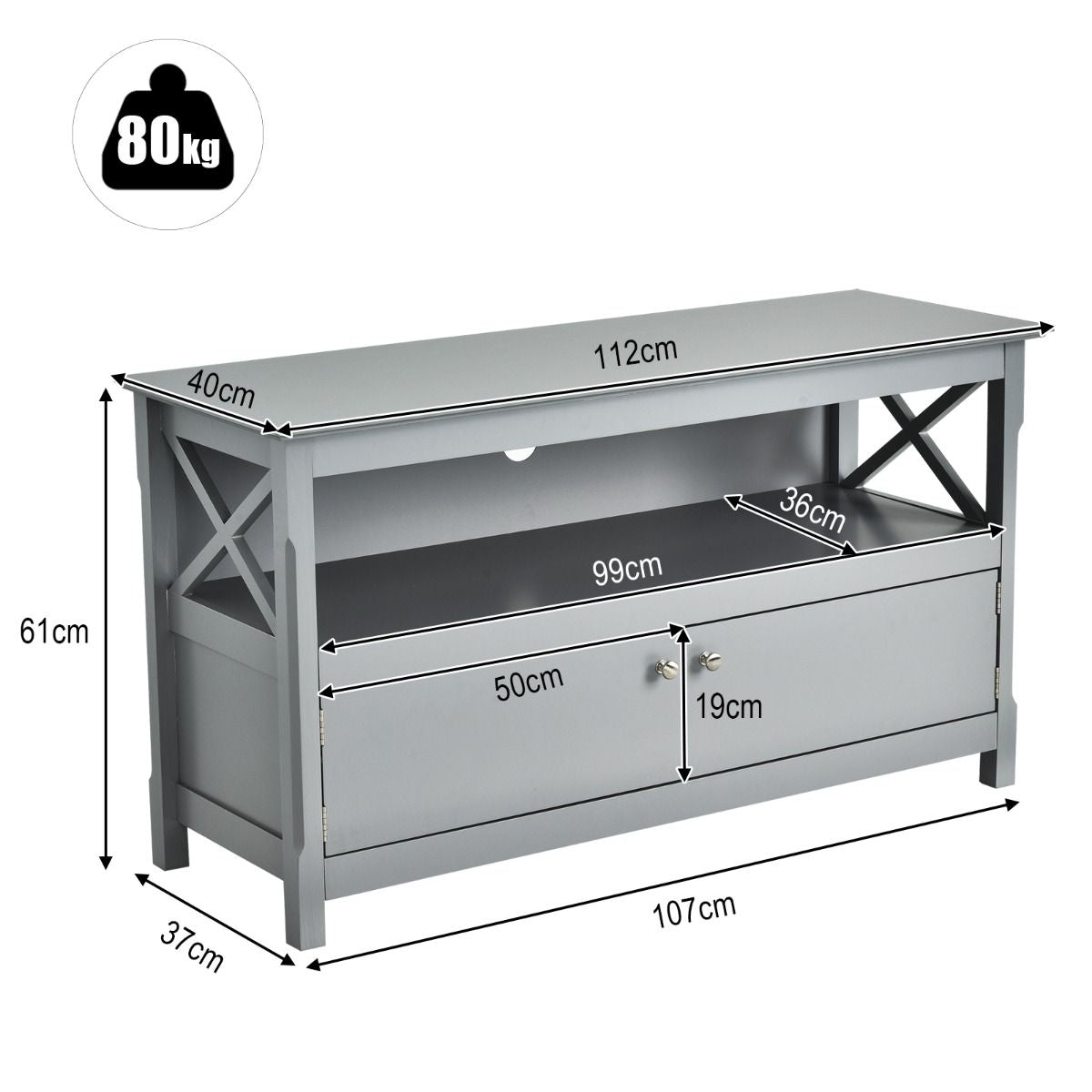 Meuble TV à 3 Niveaux avec Compartiment et Placard 2 Portes pour TV Jusqu'à 48 Pouces 112x40x61CM Charge Max 80KG Gris