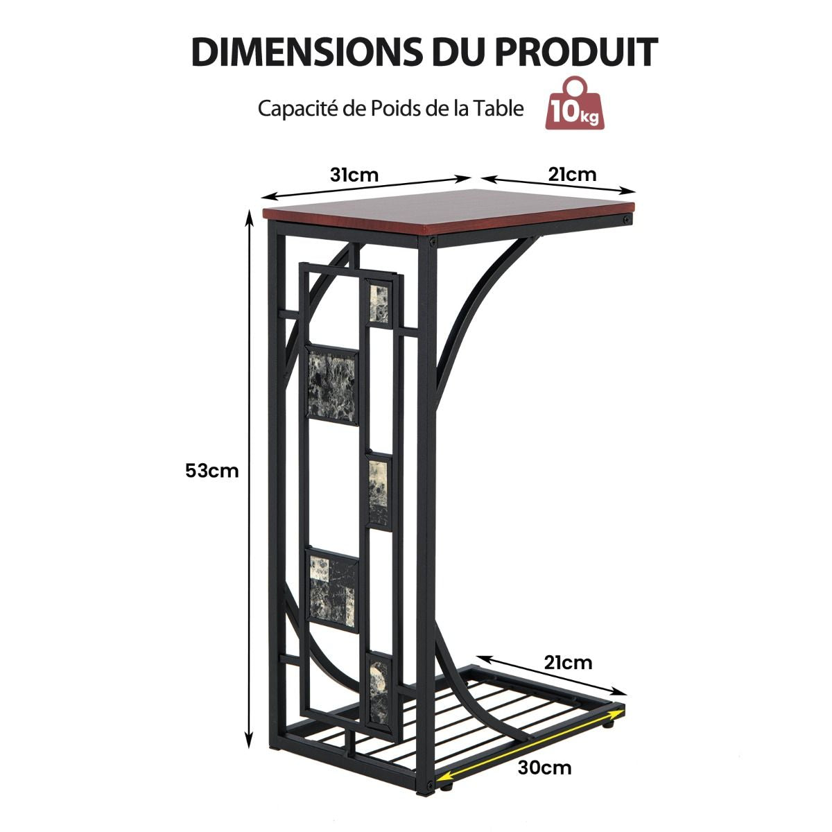 Table d'Appoint en Forme de C avec Support de Rangement Inférieur pour Salon Chambre à Coucher