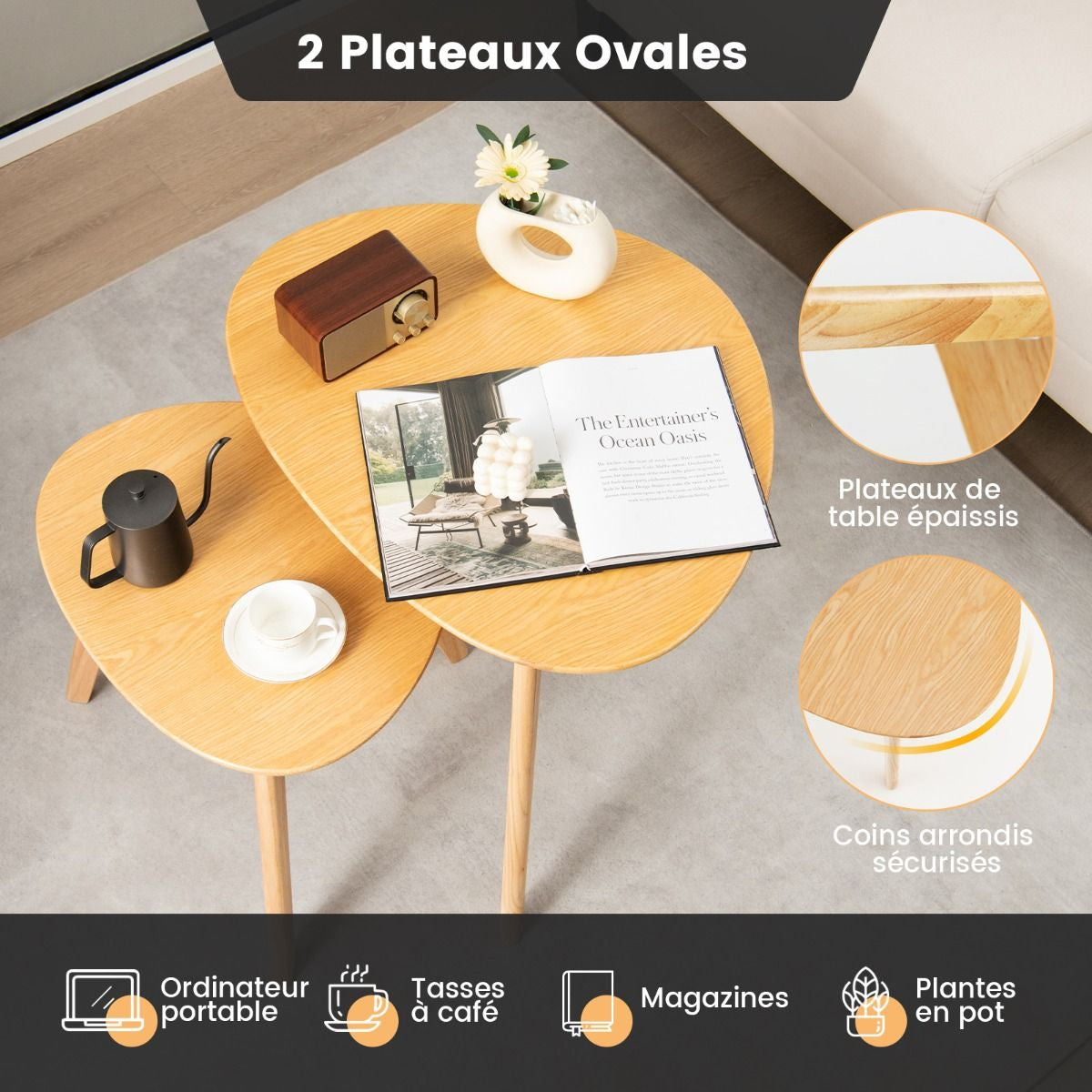 Lot de 2 Tables Basses Gigognes en Bois Table d’Appoint avec Coussinets Antidérapants Combinaison Libre pour Salon Chambre