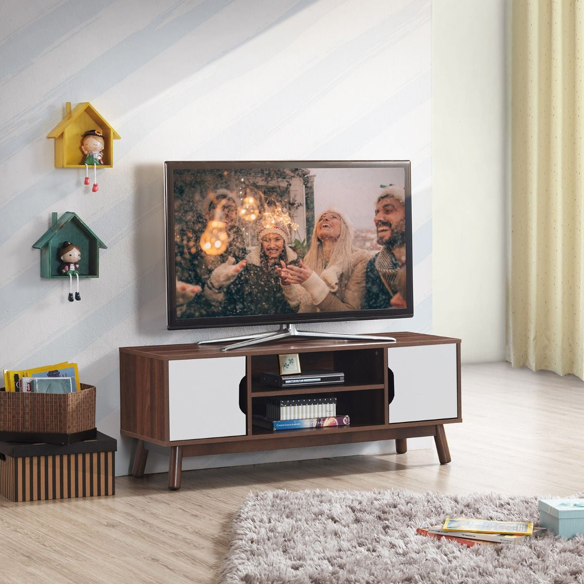 Meuble TV avec Compartiments et Étagères Jusqu’à 43 Pouces pour Salon Chambre Salle de Jeu 120x39x48,8cm Blanc&Noir