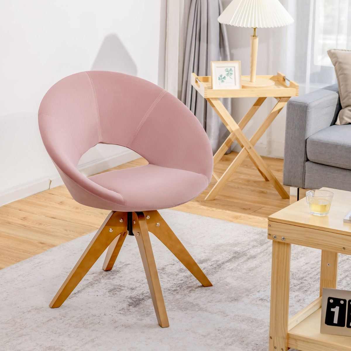 Fauteuil en Tissu Chaise Pivotante Moderne avec Pieds en Bois Massif et Siège Moelleux pour Salon Bureau et Chambre Rose