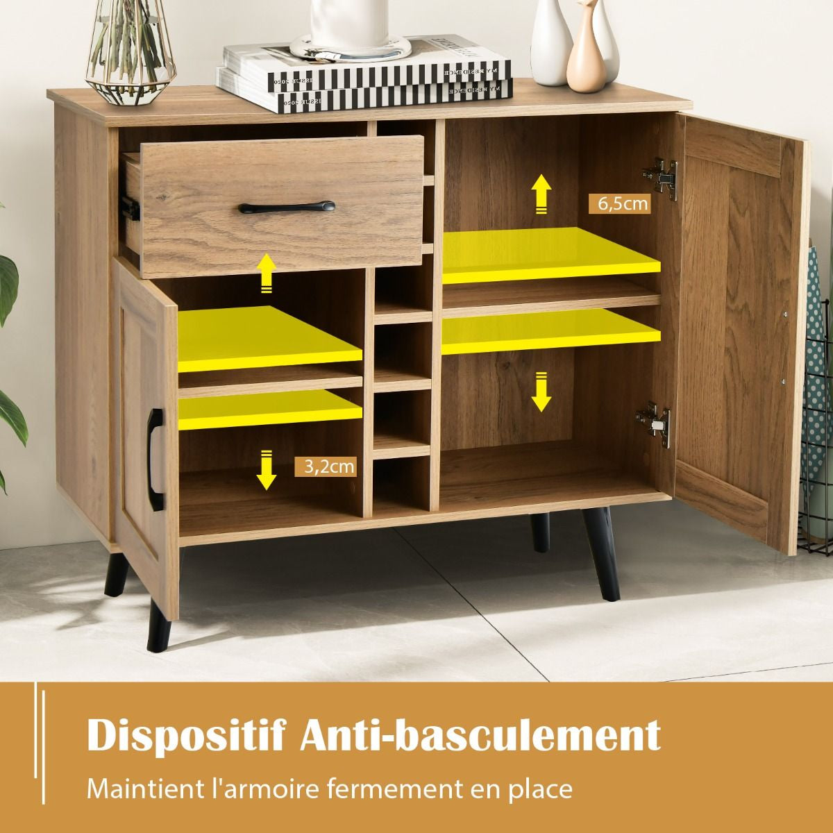 Buffet Cuisine Industriel à 2 Portes avec 6 Porte-Bouteilles Meuble de Rangement avec Tiroir Coulissante Cadre Métallique 90 x 40 x 79 cm