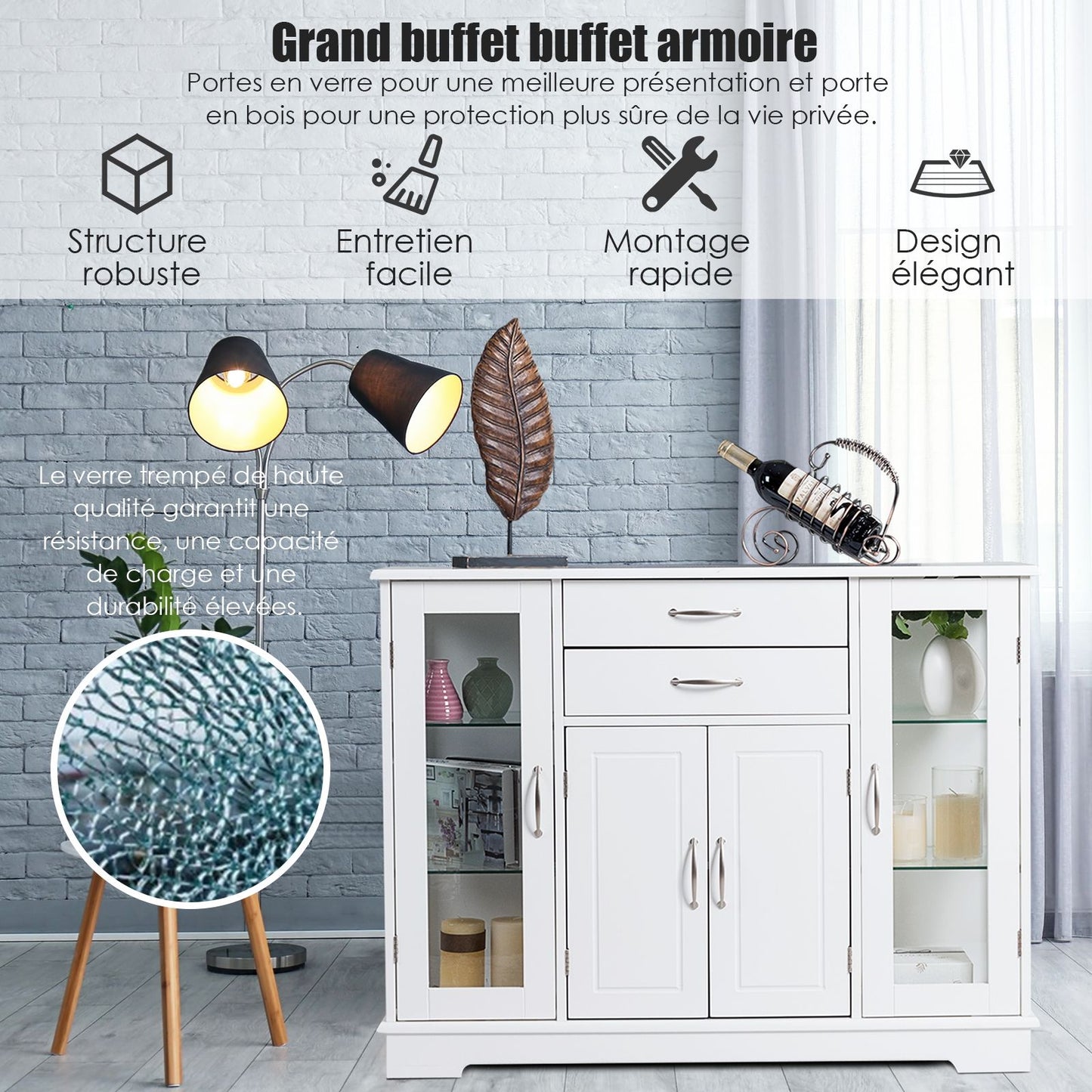 Buffet de Cuisine Meuble de Rangement 107 x 30 x 82 CM  Armoire pour Cuisine et Salon Blanc