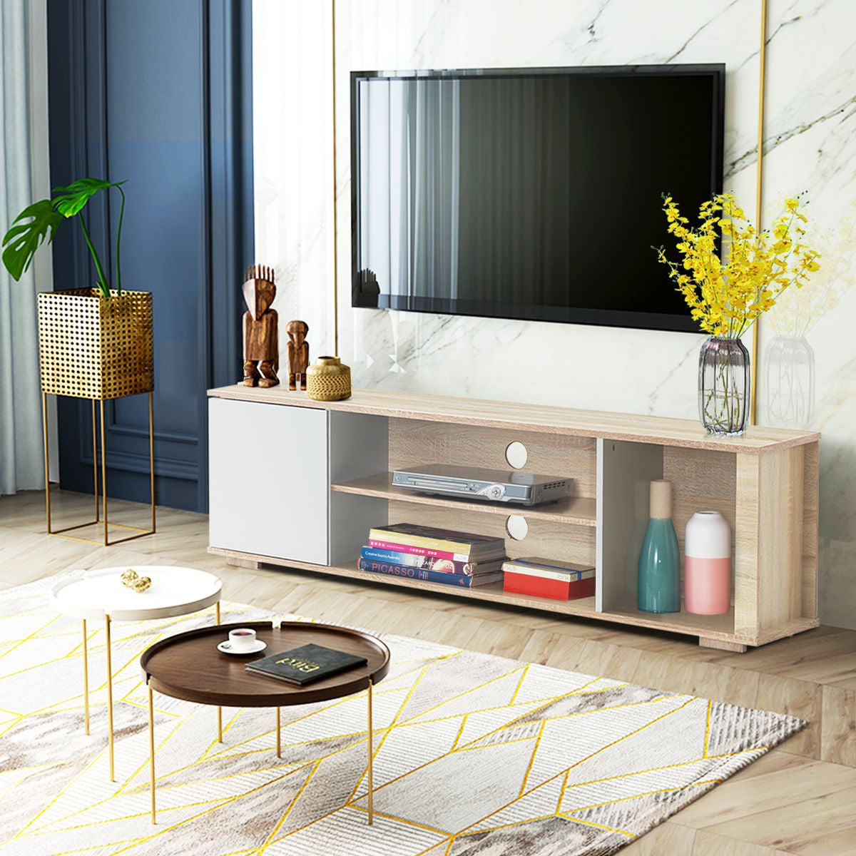 Meuble TV Console Multimédia pour TV Jusqu'à 55'' avec Gestion des Câbles de Style Moderne