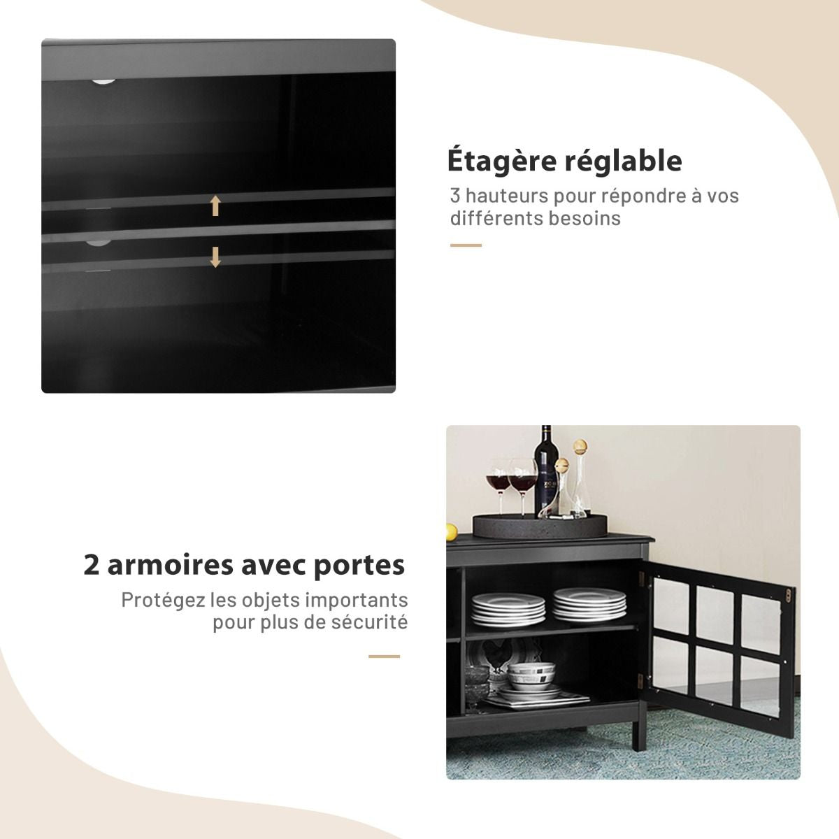 Meuble TV en Bois avec 2 Portes et 4 Compartiments 114 x 48,5 x 61 cm Style Moderne pour Salon et Chambre Noir