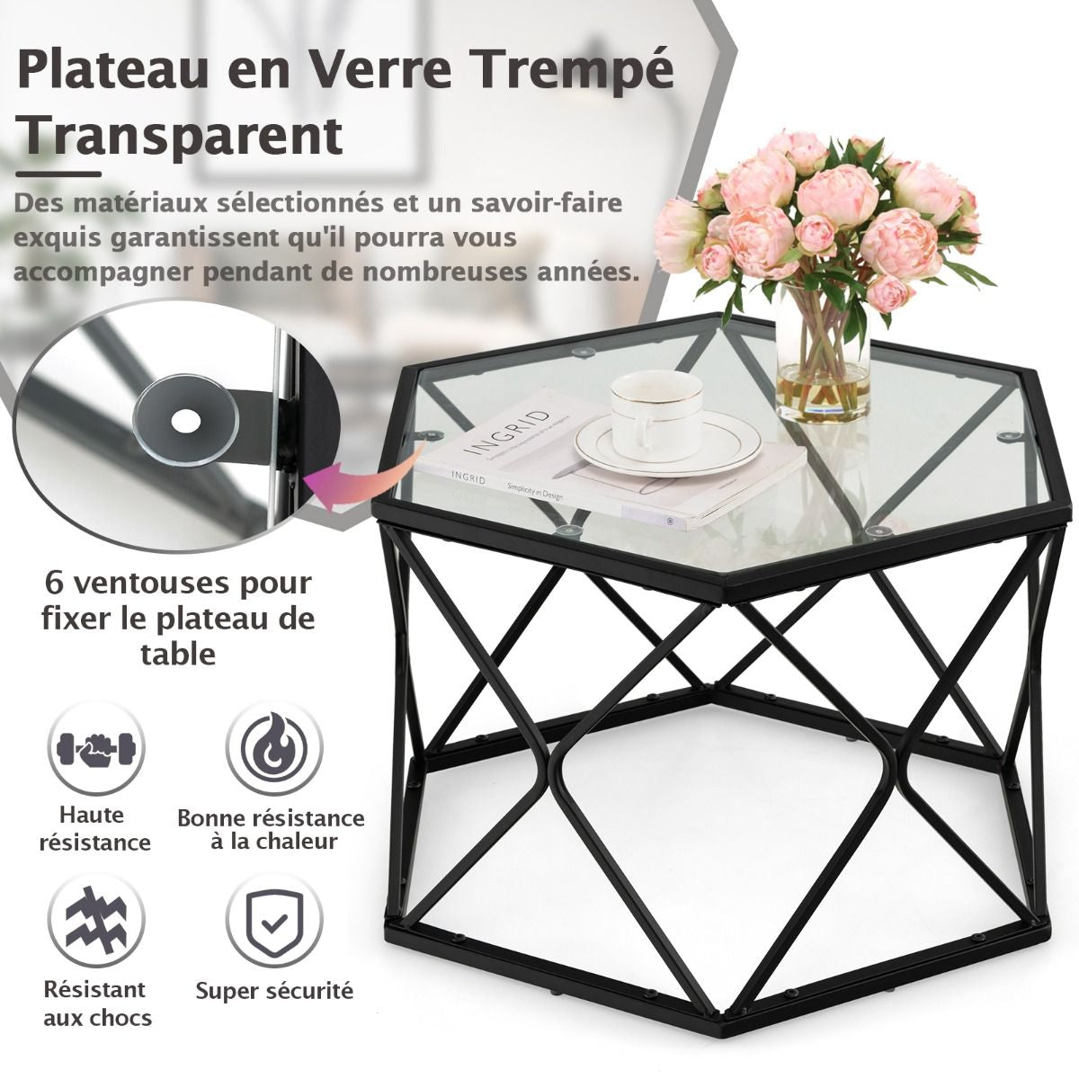 Table Basse Géométrique avec Plateau en Verre Trempé Table d’Appoint Hexagonale Style Moderne pour Salon 65x56x40cm Noir