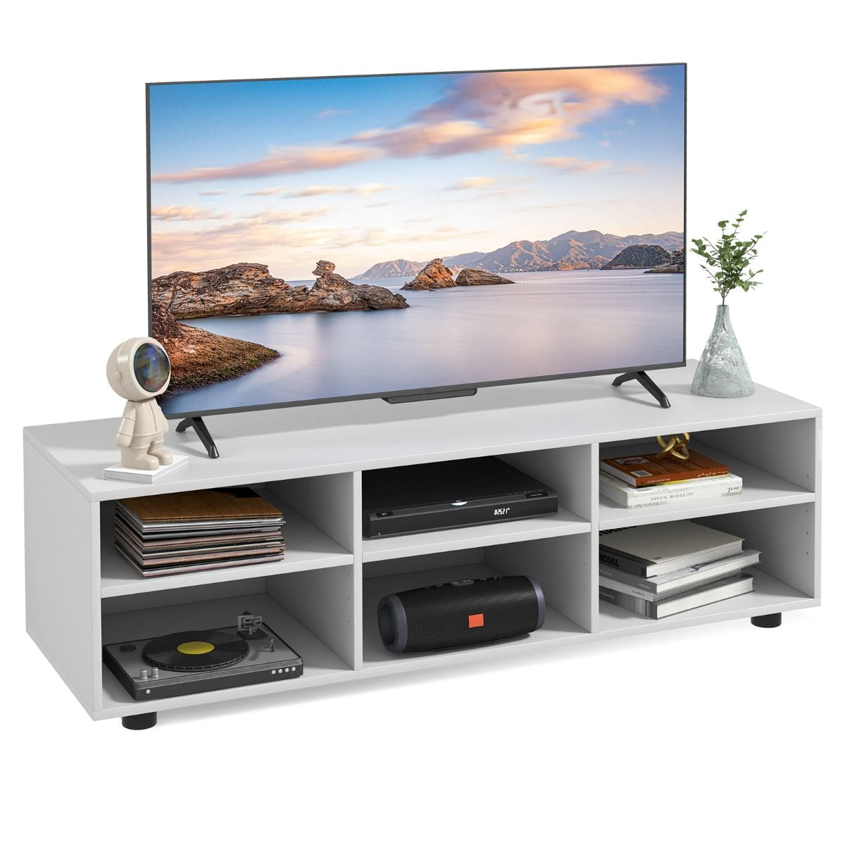 Meuble TV à 3 Niveaux avec 6 Compartiment Banc TV pour TV Jusqu'à 55 Pouces pour Salon Chambre 115 x 39 x 34,5cm Blanc