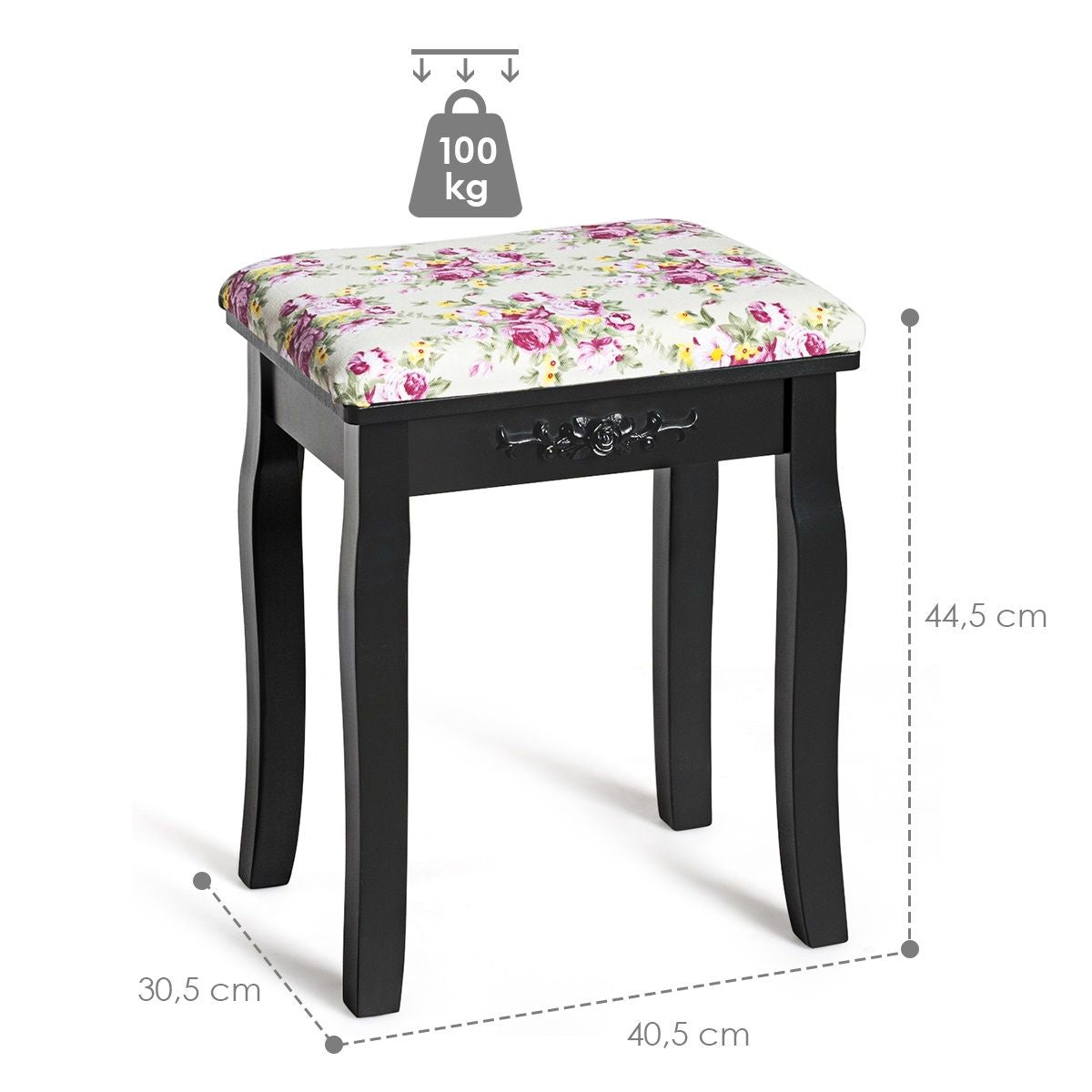 Tabouret de Coiffeuse avec Siège Rembourré et Pieds en Bois Incurvés pour Chambre Dressing 40,5 x 30,5 x 44,5 cm Noir