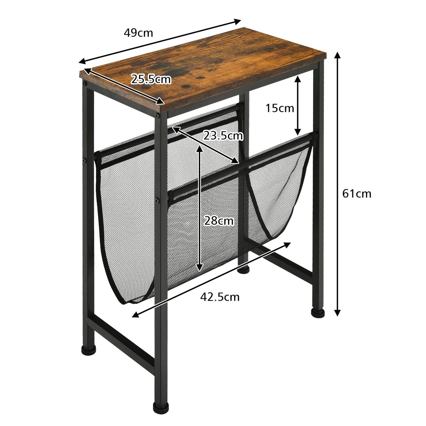 Table d’Appoint Industrielle à 2 Niveaux avec Porte-Magazines Plateau en Bois Pieds en Acier pour Salon Chambre Bureau