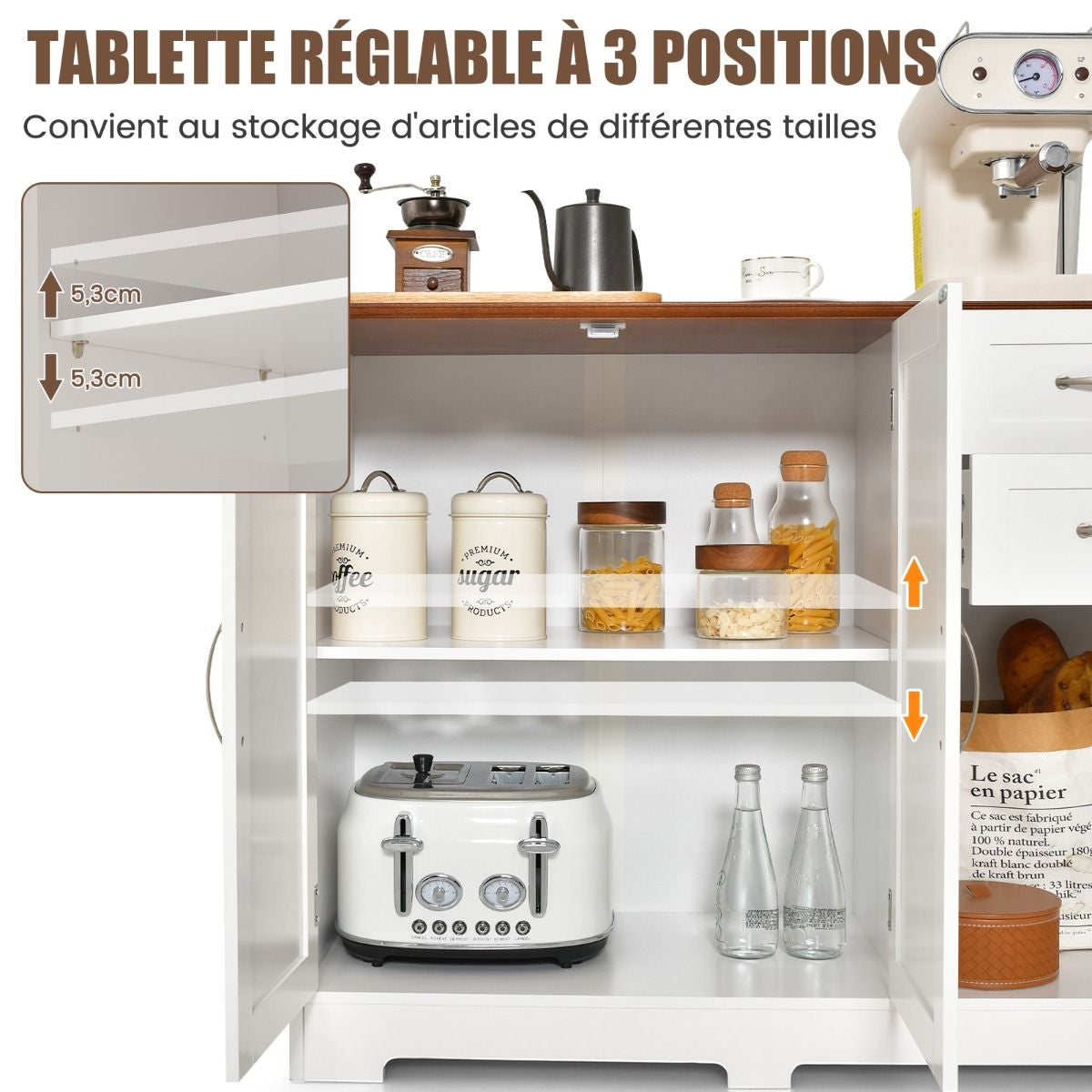 Buffet Cuisine Meuble Bas Cuisine 2 Placards 2 Tiroirs Étagère Réglable Buffet Salle à Manger pour Cuisine Salon Blanc 100 x 40 x 78 cm Blanc