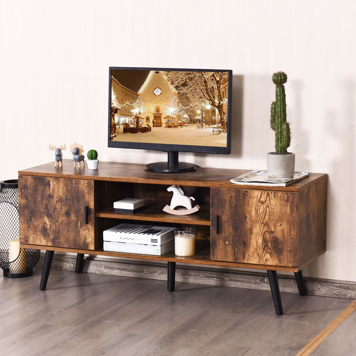 Meuble TV Style Industriel 120 x 40 x 50,5 CM avec 2 Portes et 2 Étagères Marron Rustique