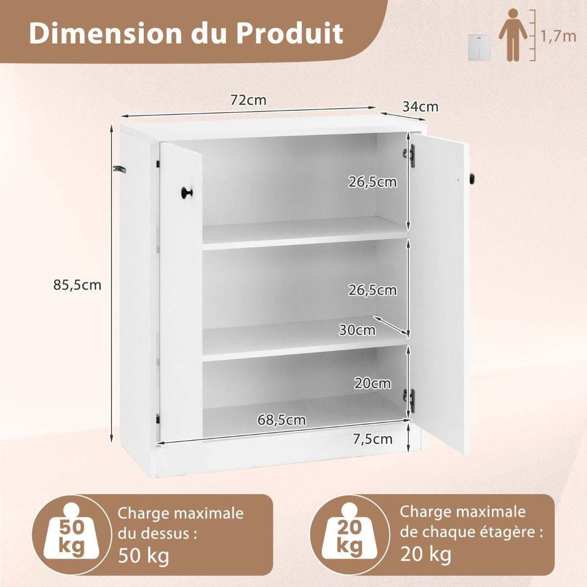 Commode Buffet Meuble de Rangement avec 2 Portes Meuble Bas Blanc avec 3 Étagères Réglables et Dispositif Anti-basculement pour Salon Blanc