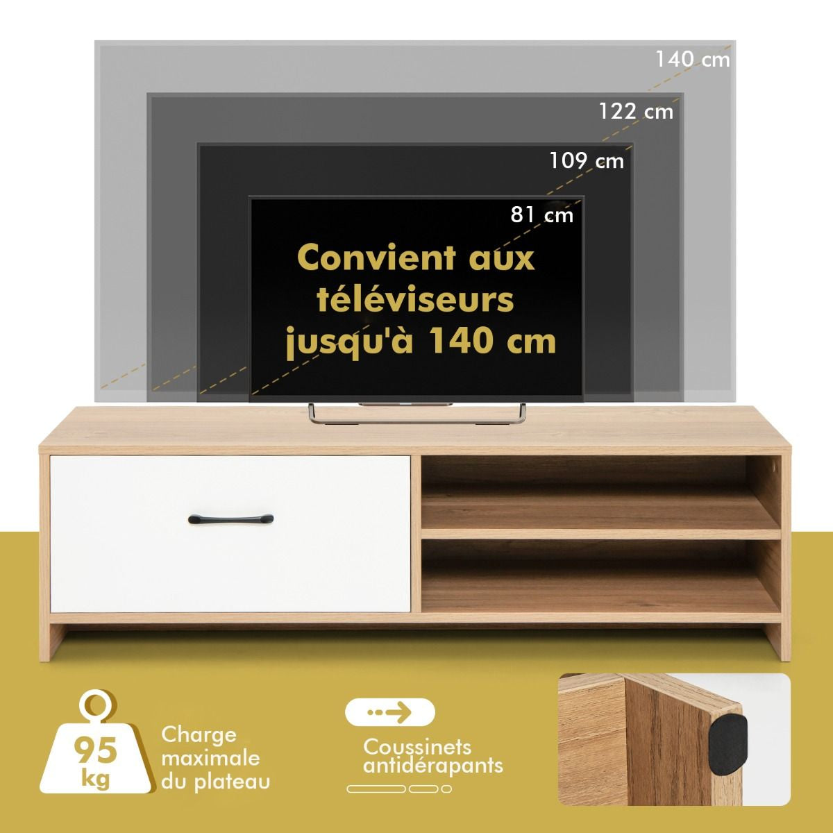 Meuble TV avec Tiroir et 2 Compartiments pour TV 55" au Max Banc TV en Bois 120 x 42 x 35cm