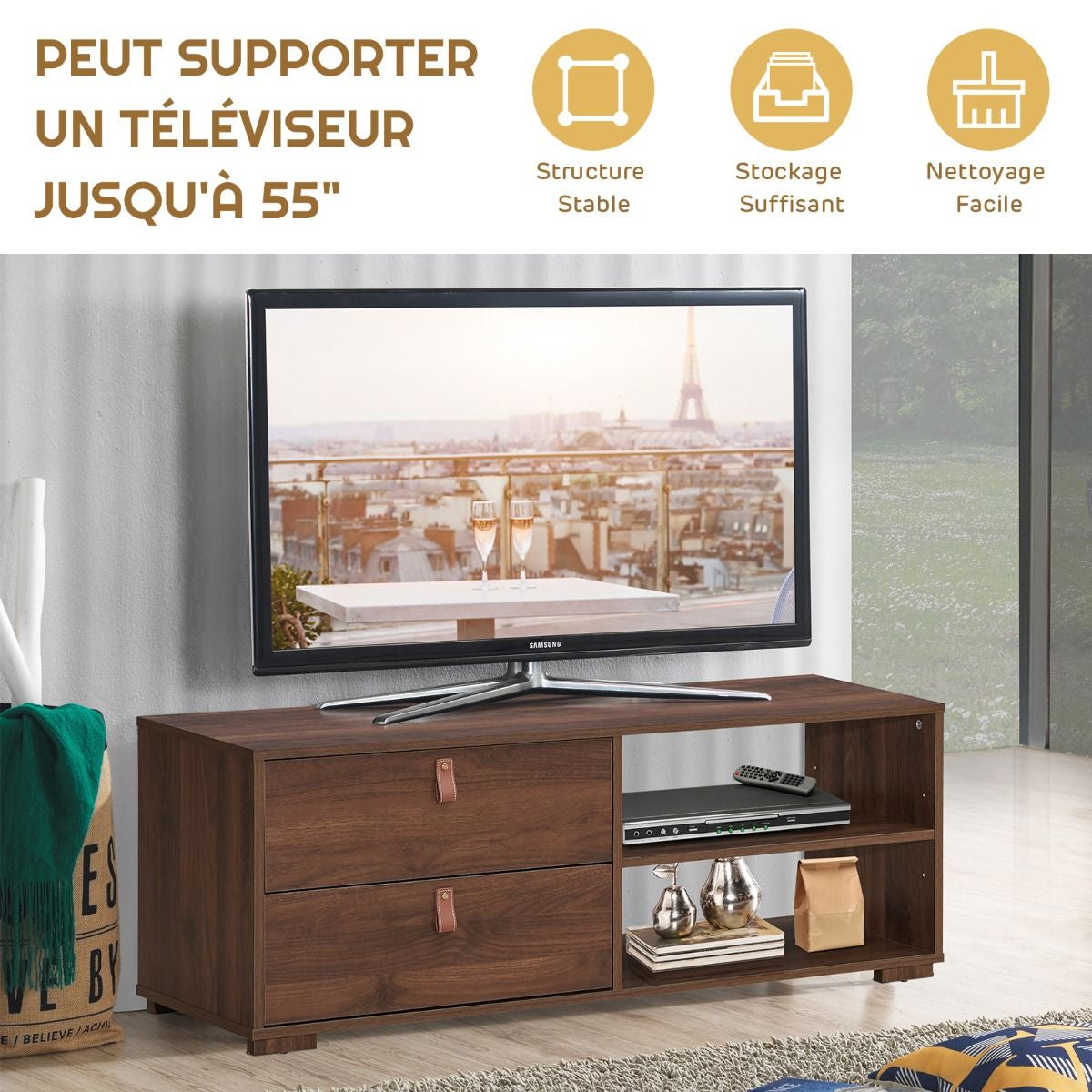 Meuble TV en Bois avec 2 Tiroirs Étagère Réglable Style Industriel 120,5 x 39 x 42 cm pour Salon Chambre Marron Rustique