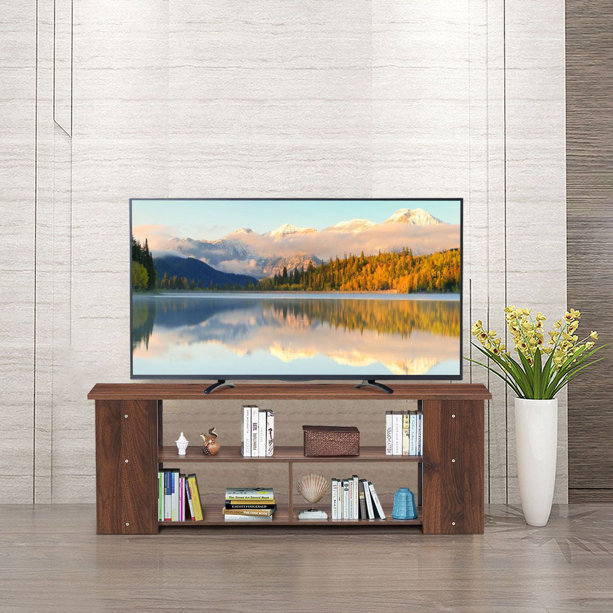 Meuble TV à 3 Niveaux avec Structure en Bois Massif pour Salon Chambre Salle de Jeu Style Moderne 100 x 29  x 40,5 cm Marron