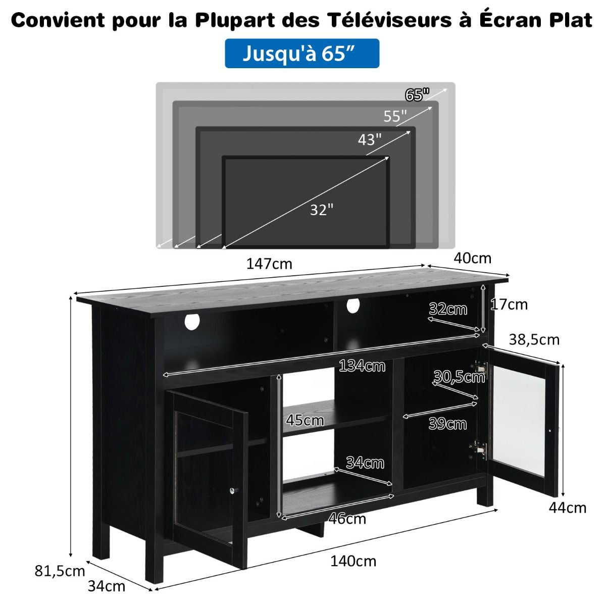 Meuble TV avec 2 Armoires Laterales et Étageres 18" Foyer Électrique pour Salon Chambre 147 x 40 x 81,5 cm Noir