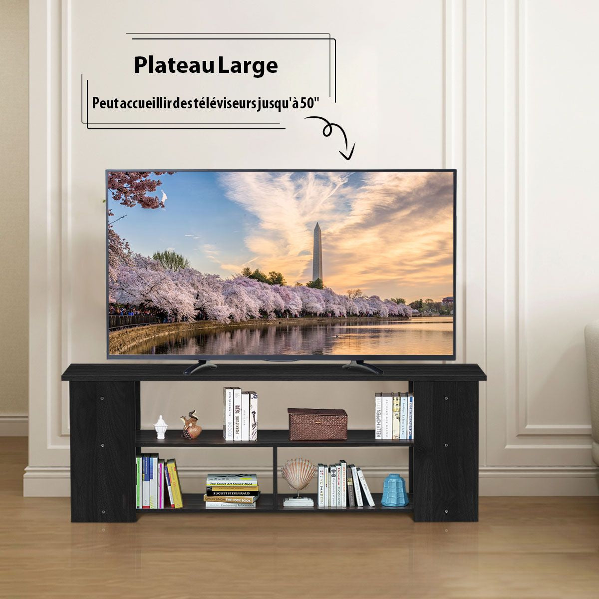 Meuble TV à 3 Niveaux avec Structure en Bois Massif pour Salon Chambre Salle de Jeu Style Moderne 100 x 29  x 40,5 cm Noir