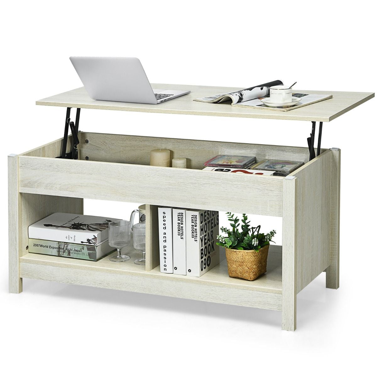 Table Basse avec Plateau Relevable avec Espace de Rangement Caché et Etagère Inférieur 109 x 47,5 x 50-63 cm Blanc