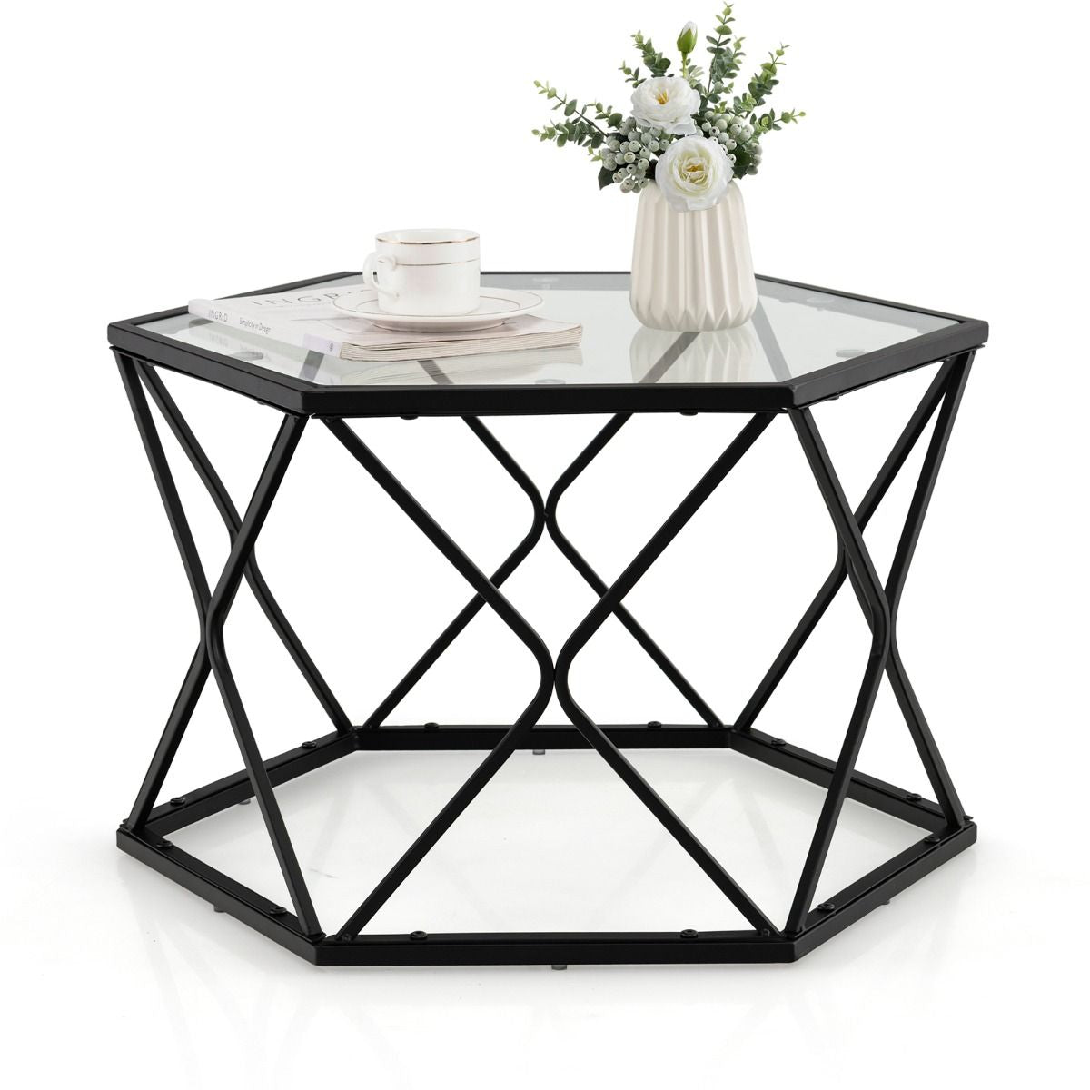 Table Basse Géométrique avec Plateau en Verre Trempé Table d’Appoint Hexagonale Style Moderne pour Salon 65x56x40cm Noir