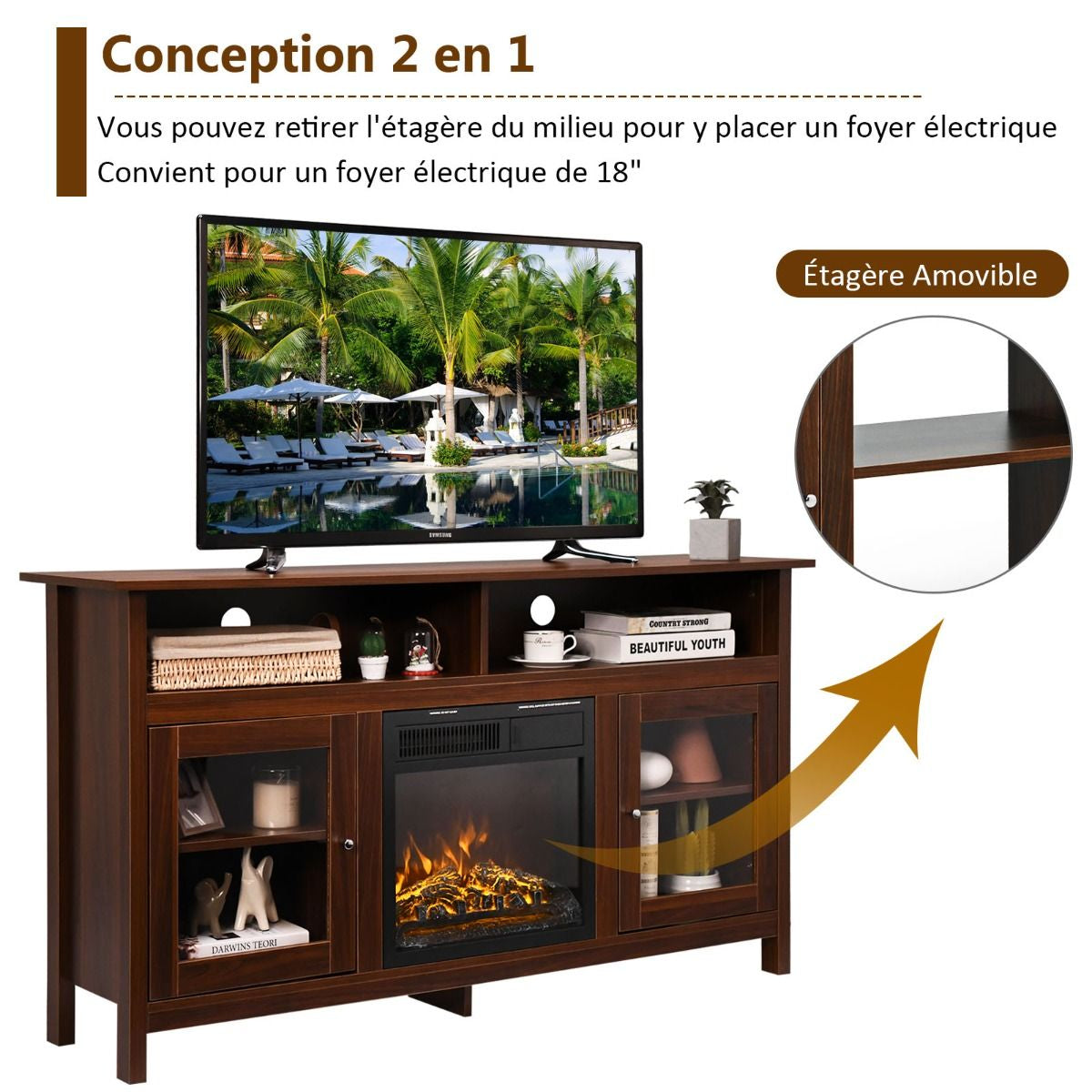 Meuble TV avec 2 Armoires Laterales et Étageres 18" Foyer Électrique pour Salon Chambre 147 x 40 x 81,5 cm Marron