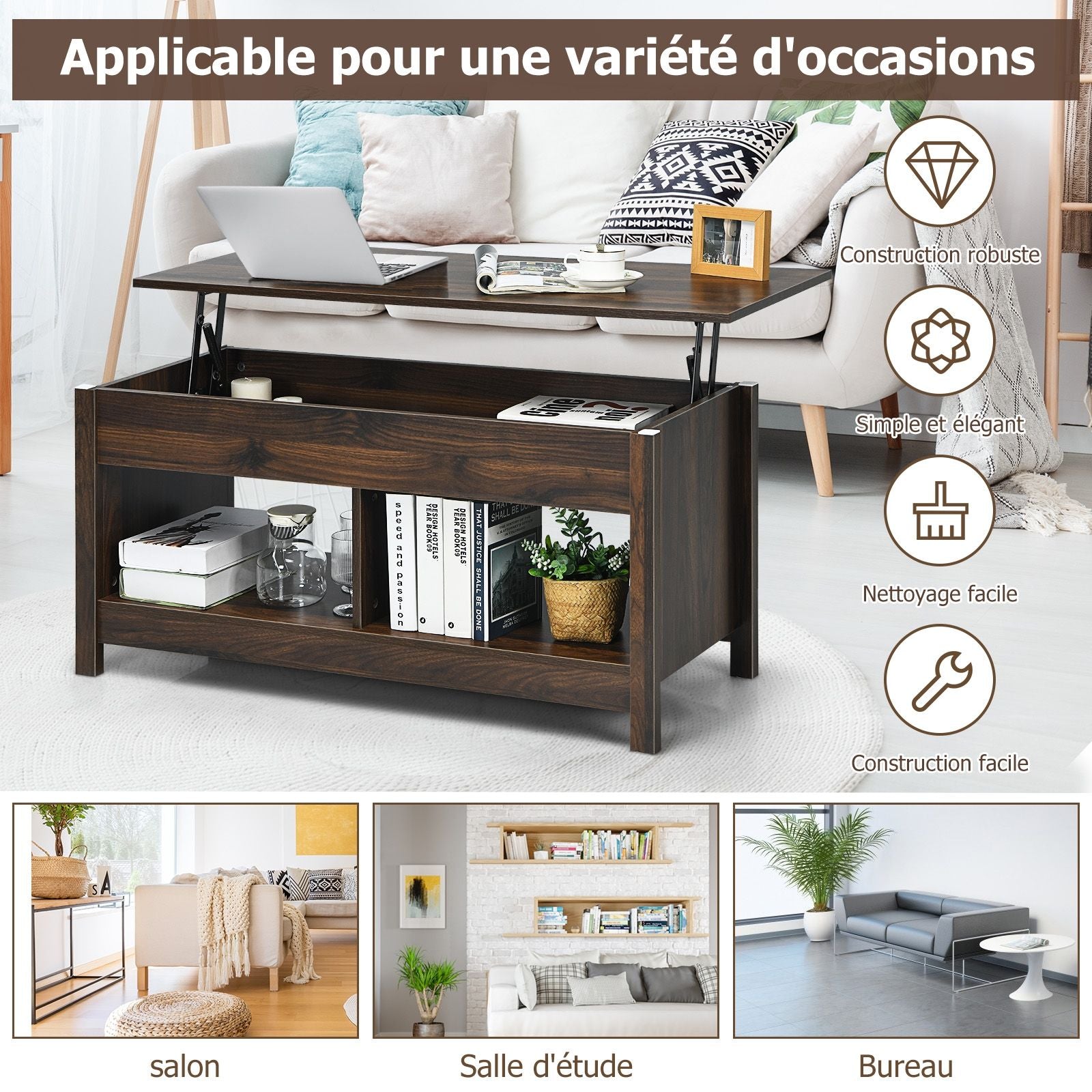 Table Basse avec Plateau Relevable avec Espace de Rangement Caché et Etagère Inférieur 109 x 47,5 x 50-63 cm Café