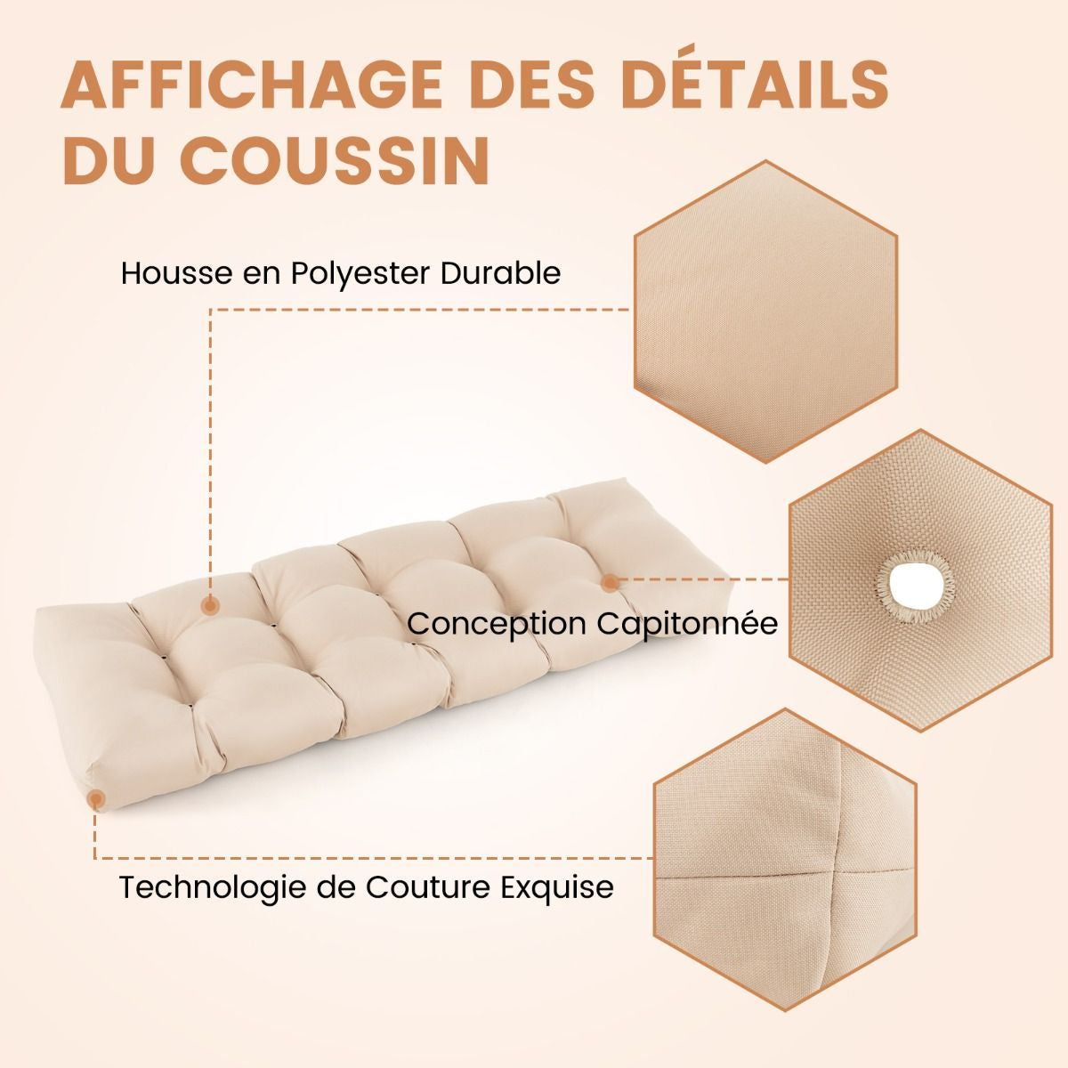 Coussin Banc Extérieur Intérieur 132x49x15 CM pour Bancs de Jardin Coussin Salon de Jardin Extérieur Coton PP Doux Matelas Beige