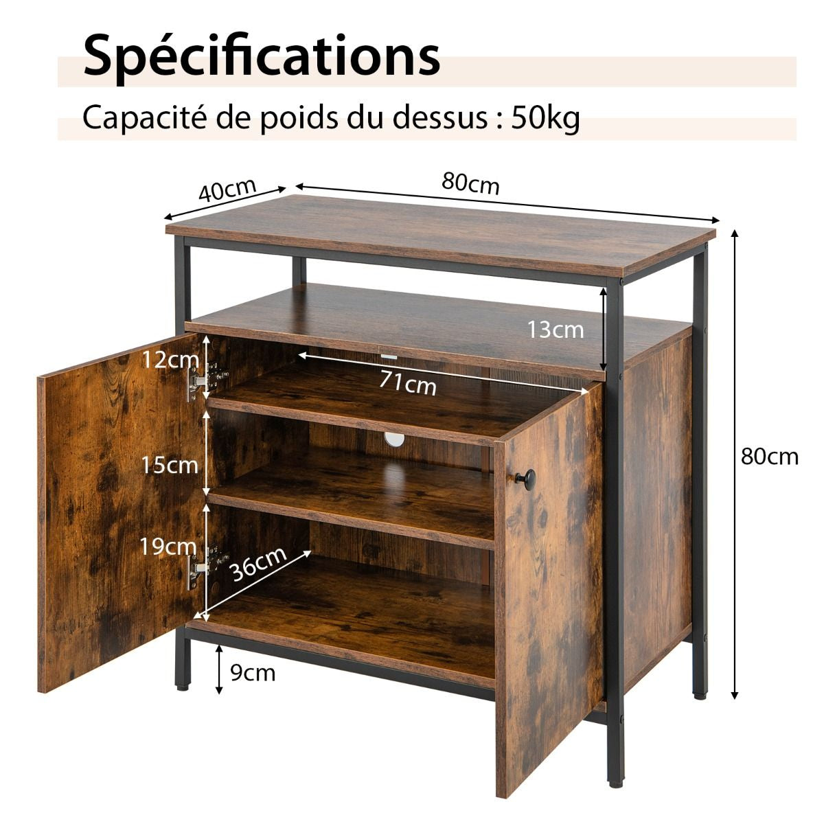 Buffet de Cuisine Industriel avec 2 Portes et Cadre Métallique 80x40x80 CM Meuble de Rangement avec Étagères Ouvertes Marron