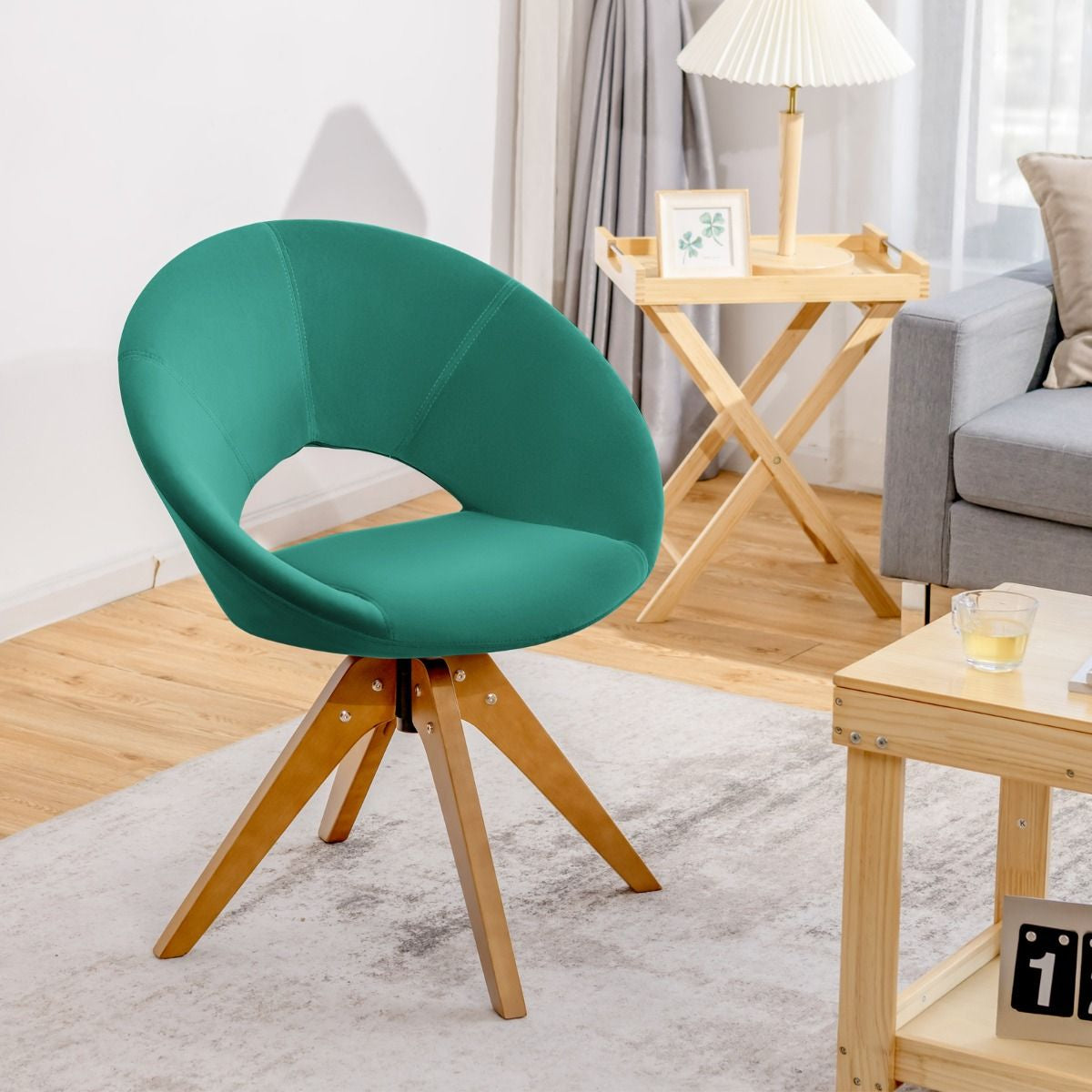 Fauteuil en Tissu Chaise Pivotante Moderne avec Pieds en Bois Massif et Siège Moelleux pour Salon Bureau et Chambre Vert