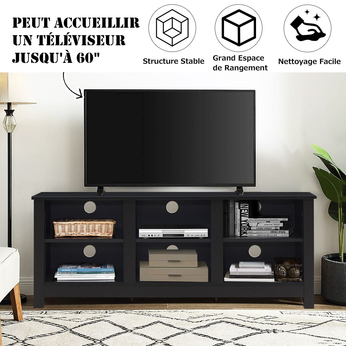 Meuble TV 135 x 39,5 x 54 cm avec 2 Etagères de Rangement Réglable Centre Multimédia Polyvalent pour Salon Noir