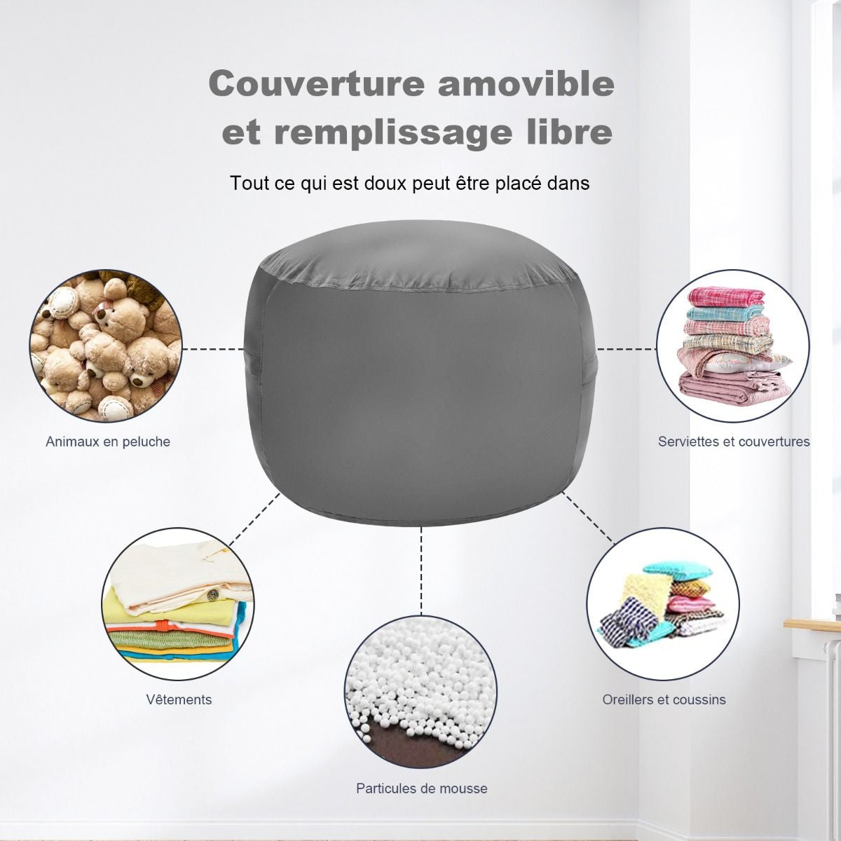 Pouf Poire 92 CM Ultra Confortable Rempli d'Éponge Doublure Indépendante Housse en Microfibre pour Chambre/Salon Gris