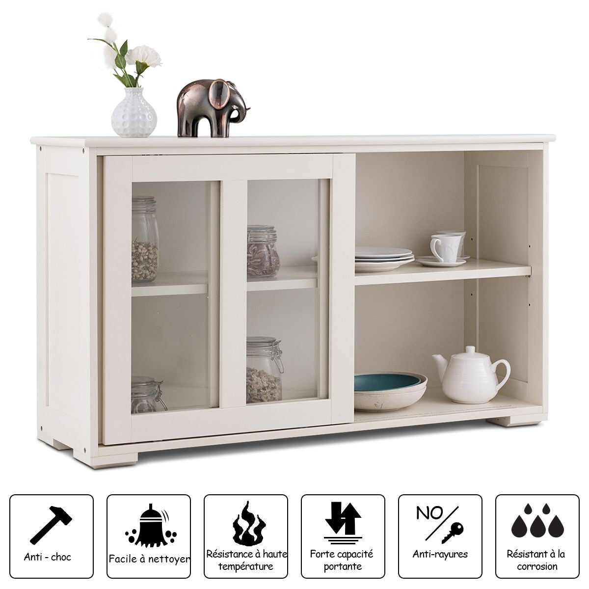 Buffet de Cuisine Commode Rangement Cuisine 2 Etagères avec 2 Porte Coulissantes Beige