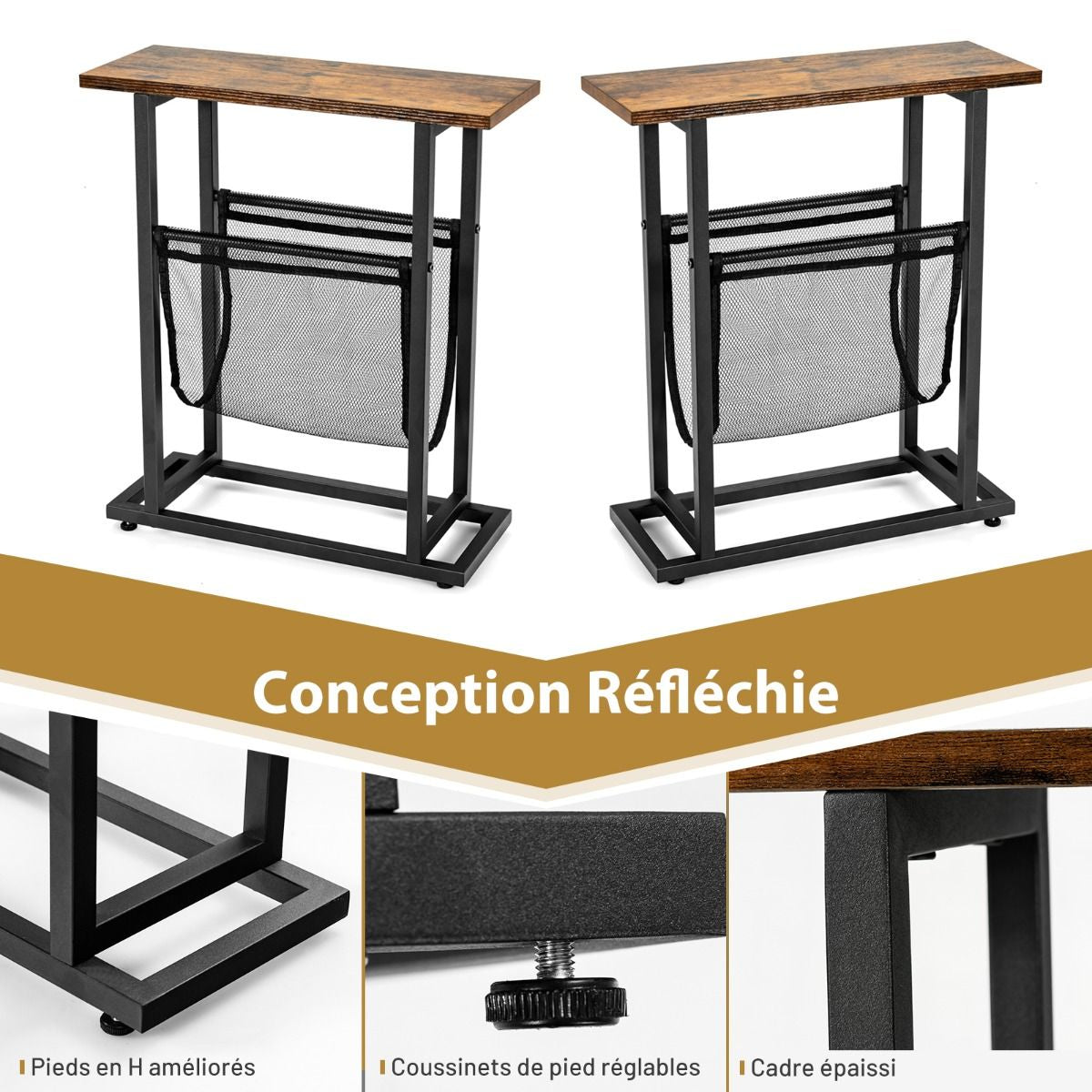 Table d'Appoint Étroite de Style Industriel avec Porte-revues en Maille et Patins Réglables pour Salon Chambre Bureau