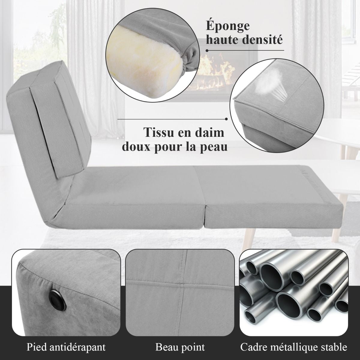 Canapé-Lit Paresseux Pliable Canapé de Sol Dossier Réglable 6 Positions Fauteuil-Lit Tissu en Daim Doux et Rembourré pour Chambre Salon Balcon Gris