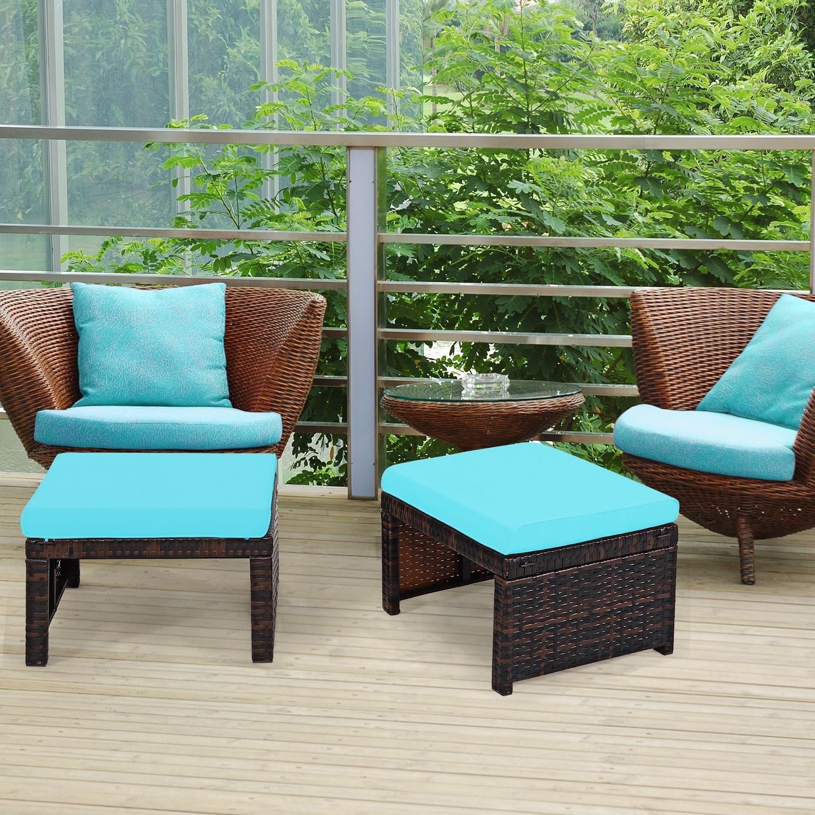 2 Tabouret de Jardin Résine Tressée en Rotin PE avec Coussin Souple en Éponge pour Terrasse et Piscine 49 x 40 x 33 CM Bleu