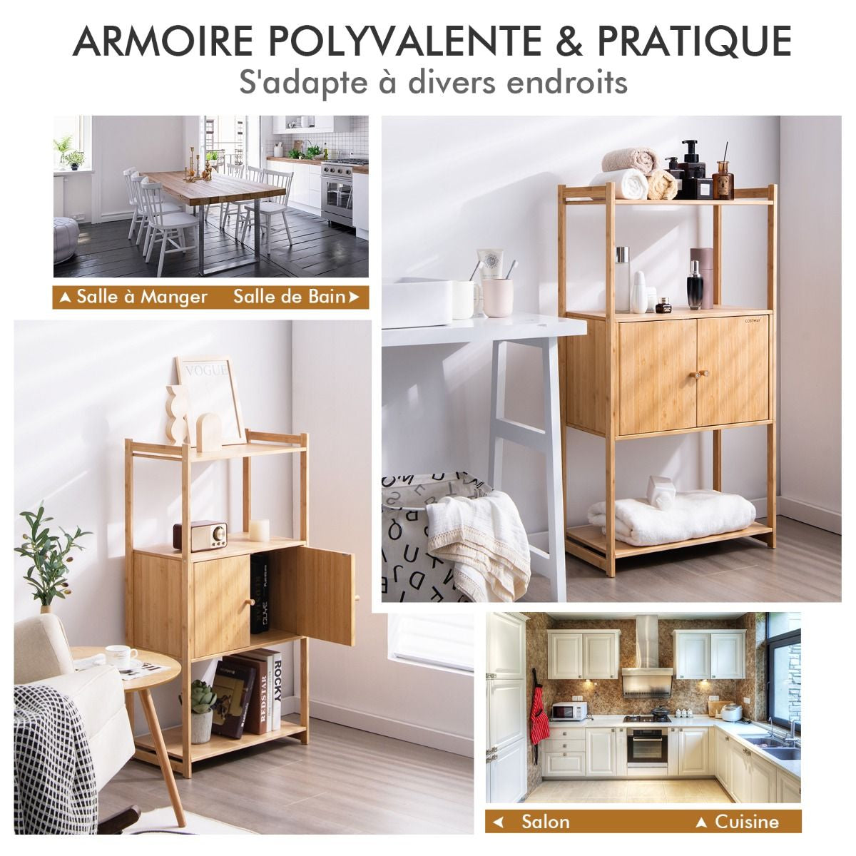 Meuble de Rangement en Bambou à 3 Niveaux 57,5 x 32 x 110 CM avec Grand compartiment à 2 Portes pour Cuisine Salon