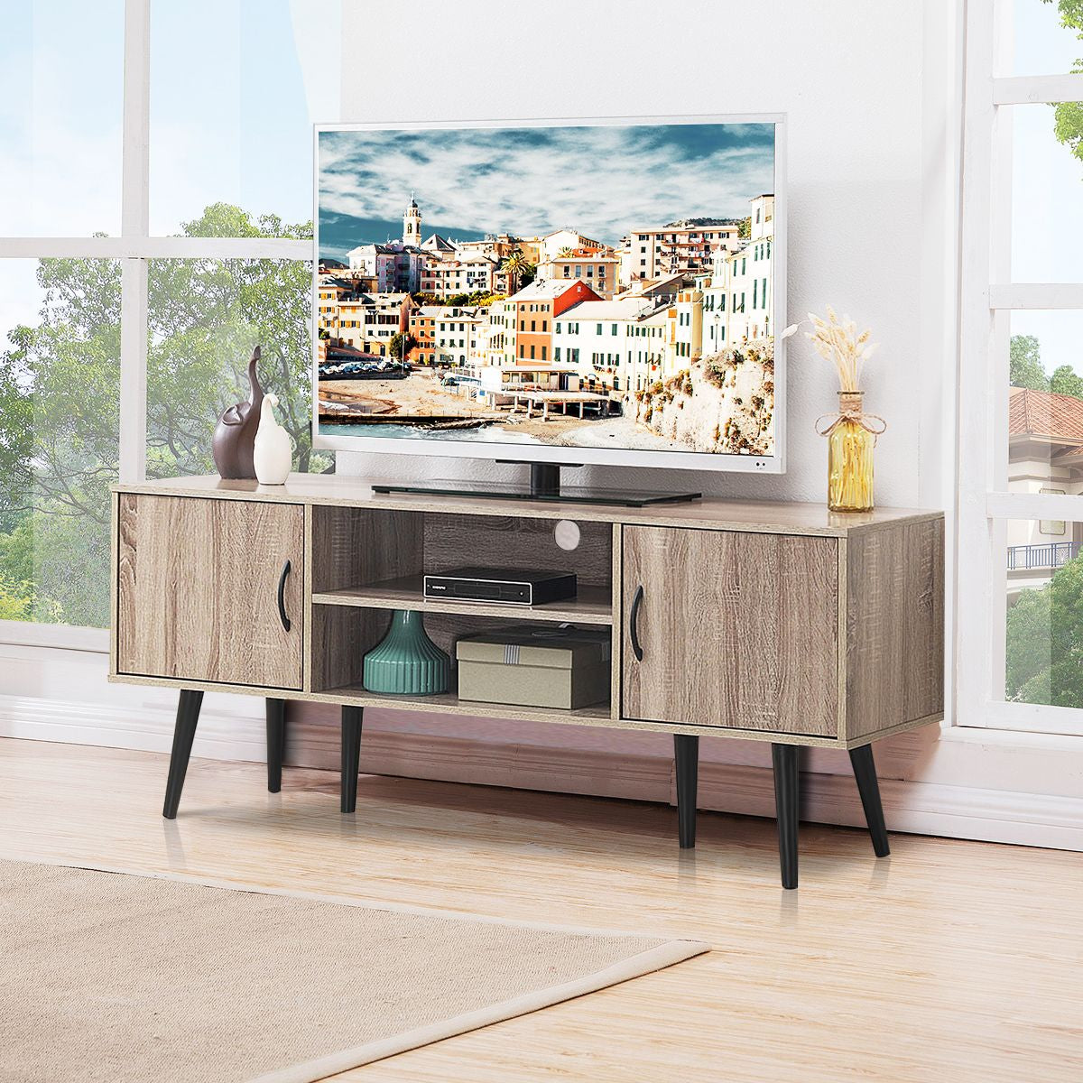 Meuble TV 147 x 39,5 x 62 CM Console Multimédia avec 2 Armoires de Rangement, 2 Etagères Ouverte pour TV Jusqu'à 65''