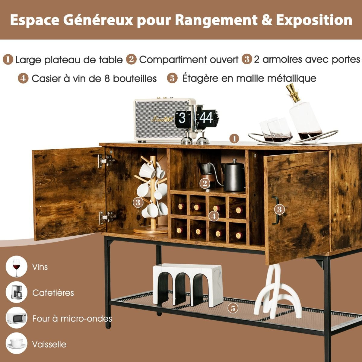 Buffet Cuisine avec Casier à Vin 9 Bouteilles Meuble de Rangement Industriel avec 2 Armoires à Portes Compartiment Ouvert Brun rustique