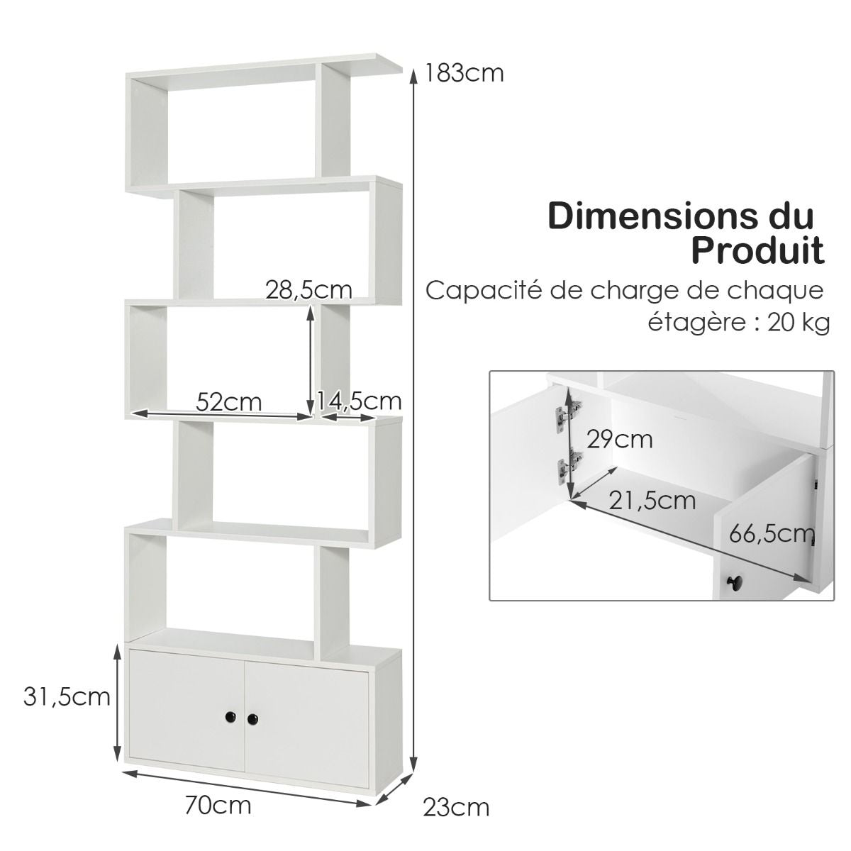 Bibliothèque Étagère Échelle en Bois à 6 niveaux avec 2 Portes 70 x 23 x 183 cm Style Moderne Forme en S Blanc