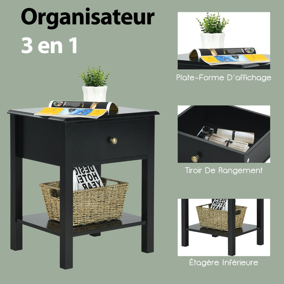 Table de Chevet Style Moderne Simple 48 x 40 x 58 CM noir