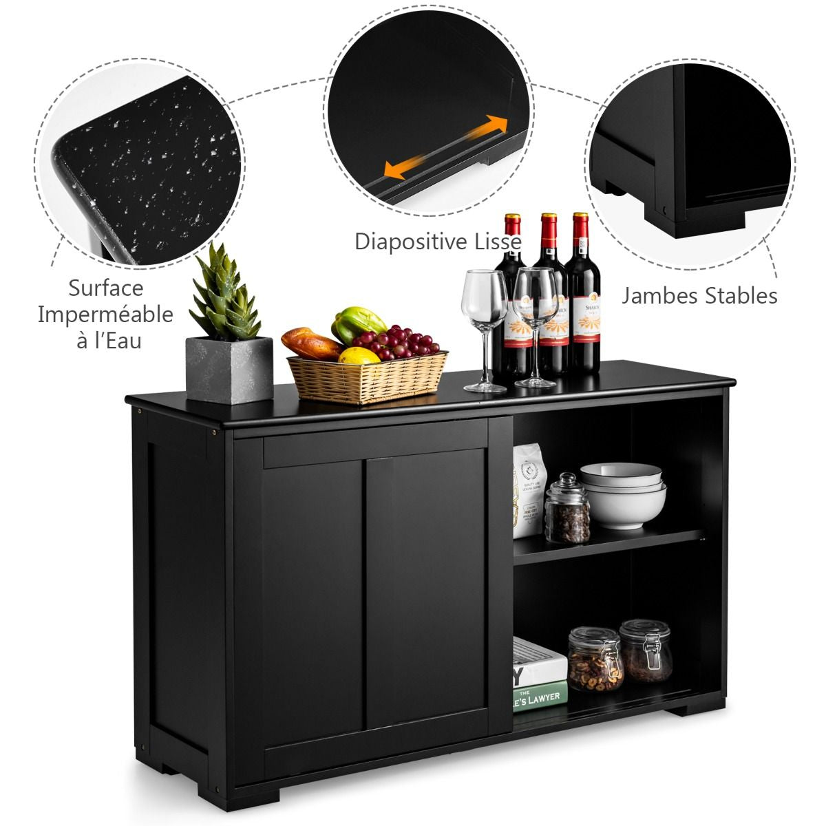 Buffet Armoire de Cuisine en MDF avec 2 Etagères de Rangement et 2 Portes Coulissantes Noir