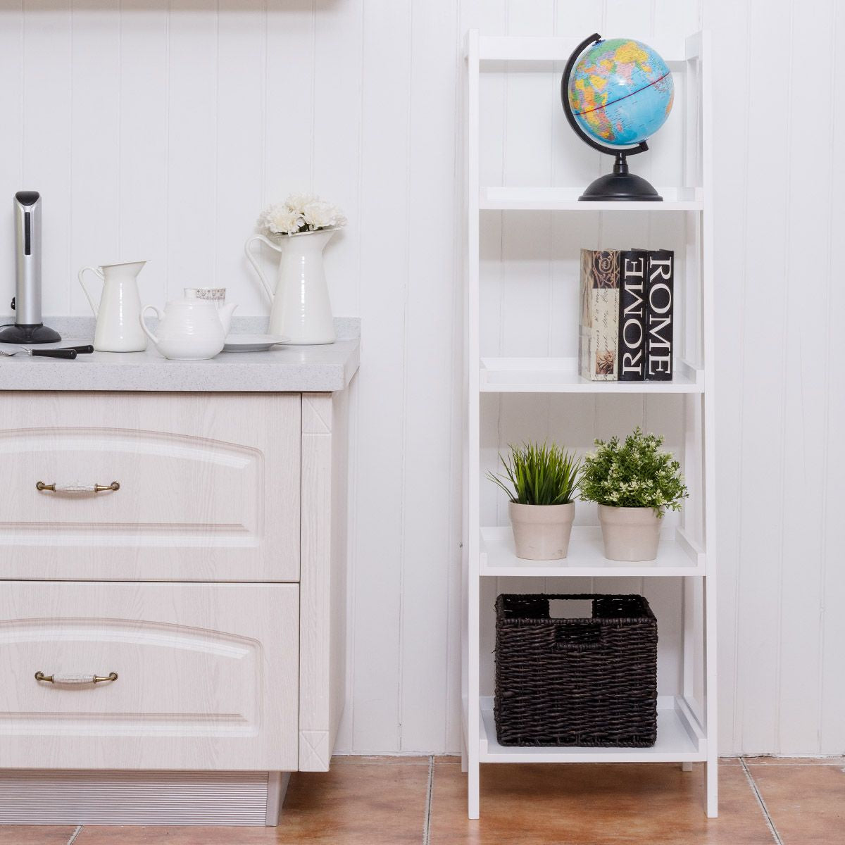 Étagère Bibliothèque Rangement Style Echelle 4 Niveaux Meuble WC Style Echelle 44 * 34 * 140cm Blanc