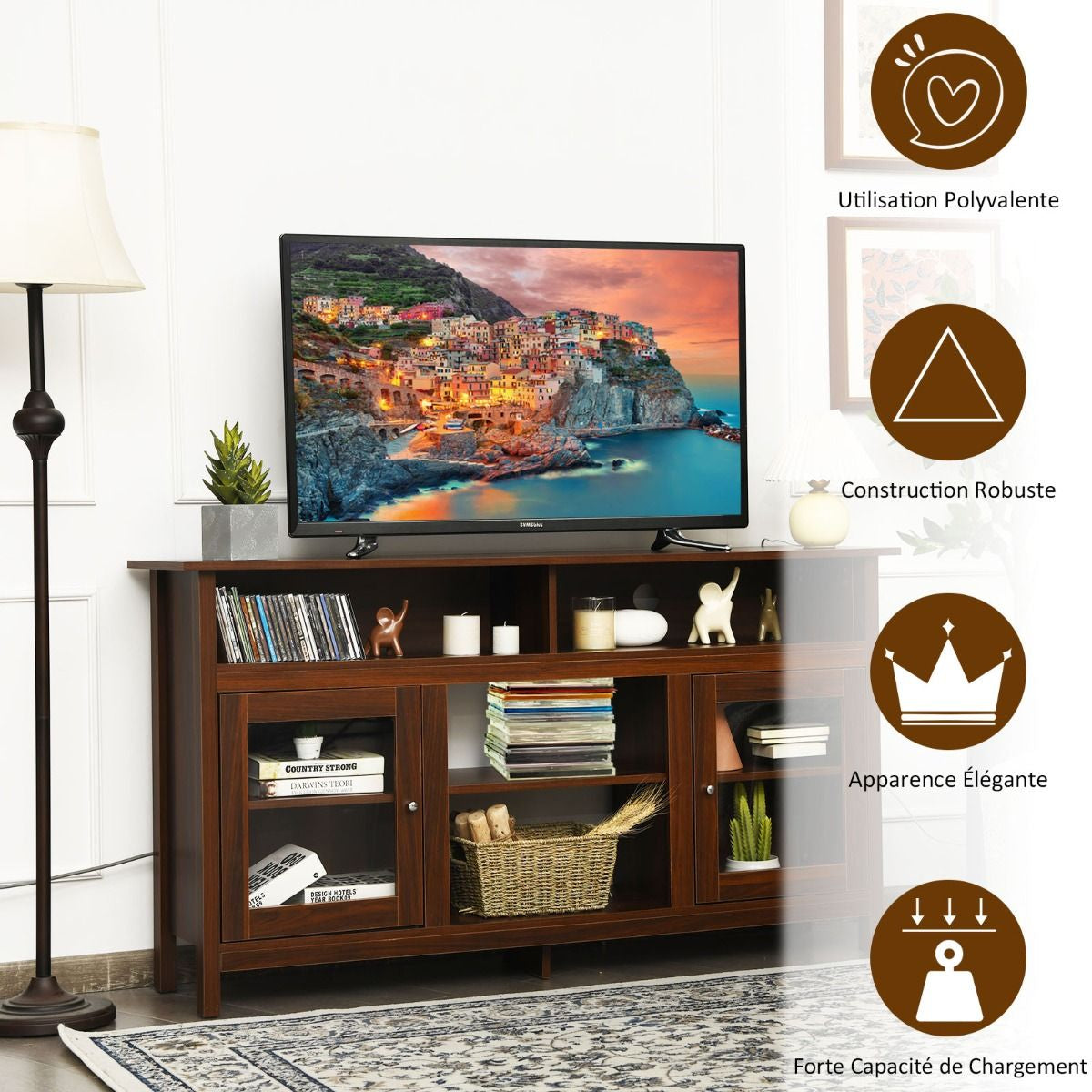 Meuble TV avec 2 Armoires Laterales et Étageres 18" Foyer Électrique pour Salon Chambre 147 x 40 x 81,5 cm Marron