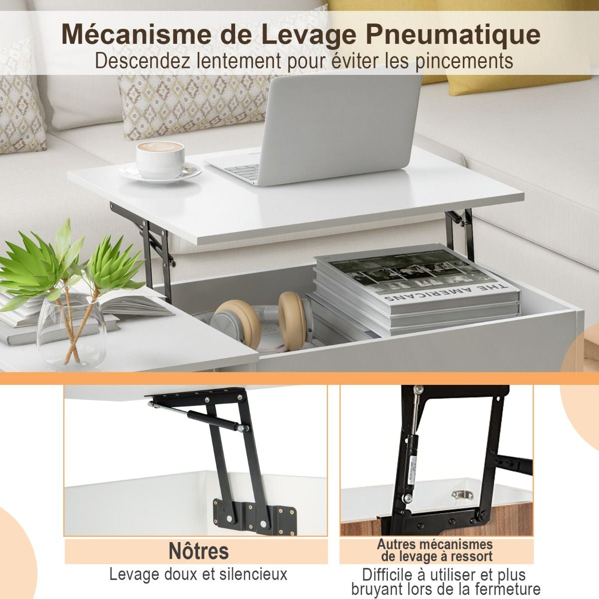 Table Basse avec Plateau Relevable avec Levage Pneumatique, Table de Salon avec 3 Compartiments ouverts et Placard à Porte